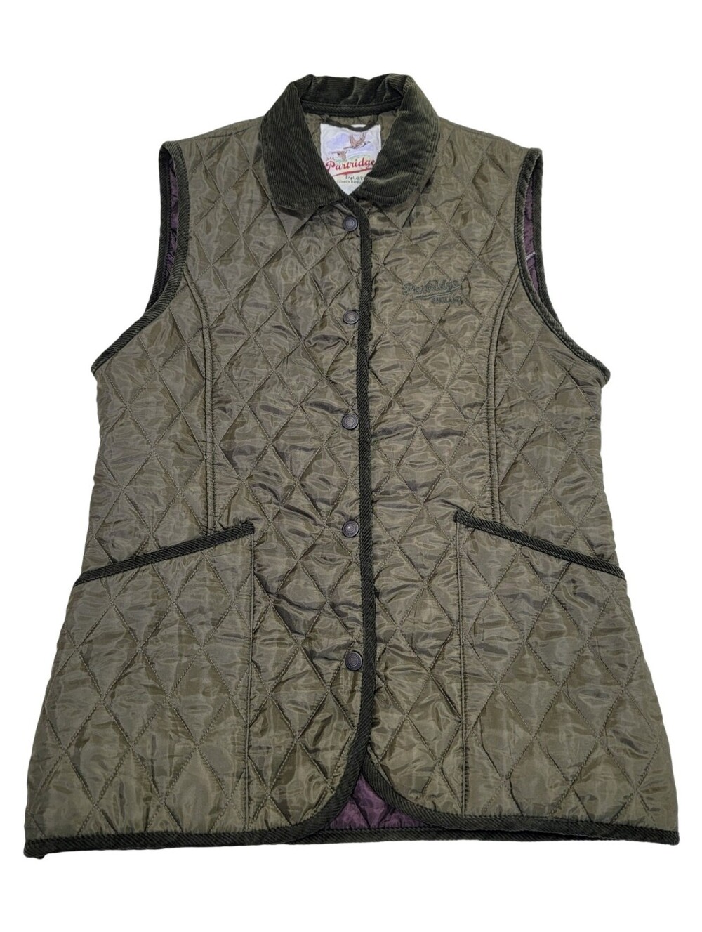 John Partridge English Clothing Olive Green Quilted Vest Corduroy Trim Women’s M - Picture 7 of 17